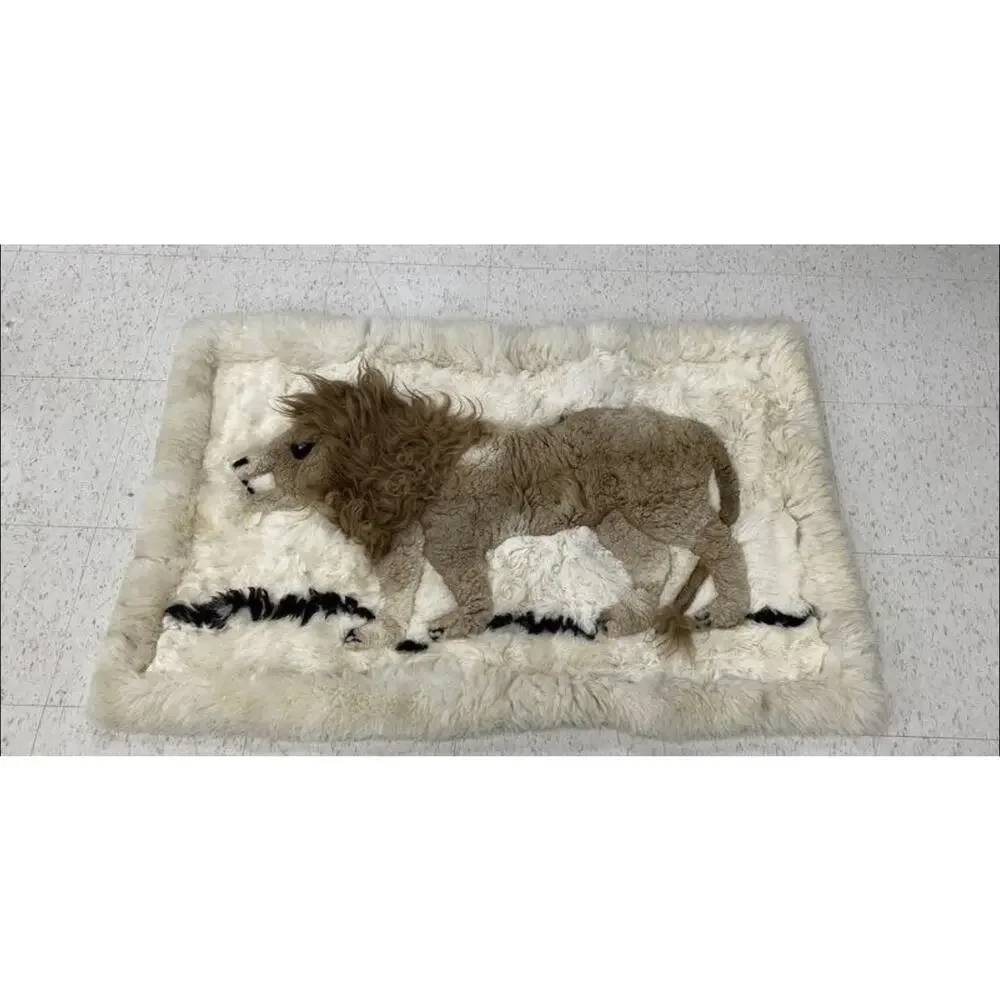 Mexican Mexico 100% Alpaca Fur Tapestry Rug 43x30 Lion Vintage Hole